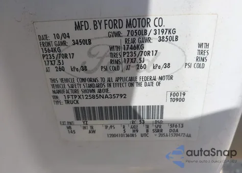 2005 Ford F-150 Lariat/Xl/Xlt z USA, uszkodzony, nr VIN 1FTPX12585NA35792